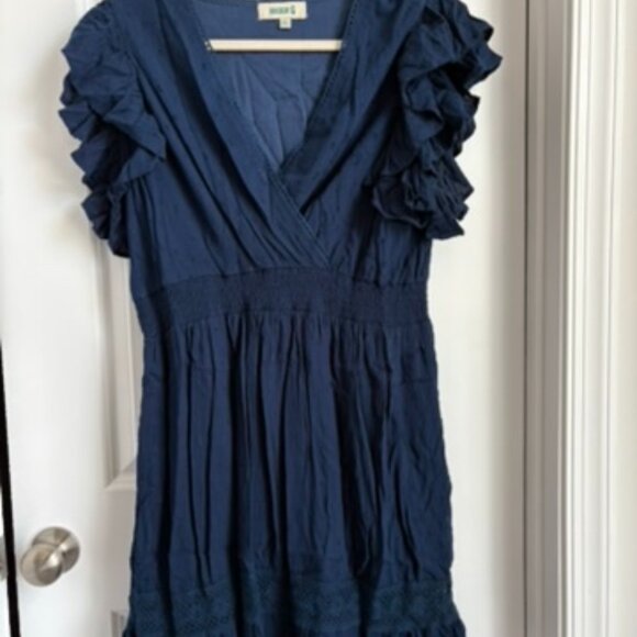 Rockin' C Women's Navy Swiss Dot V-Neck Short Flutter Sleeve Dress - Picture 2 of 4